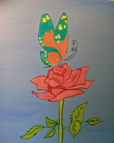 Stylized painting of butterfly on a rose.